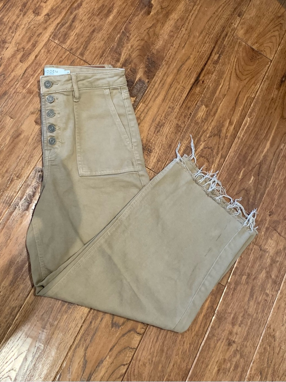 Hidden Frayed Hem Wide Leg Tan Chino Pants
